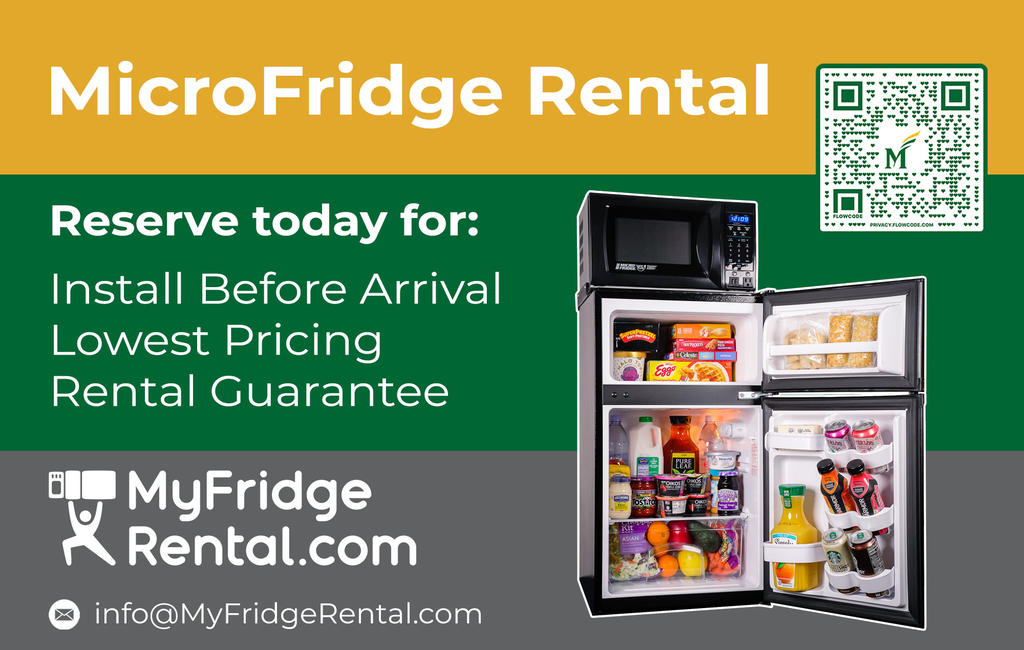Advertisement for Microfridge rental with a QR code with the link to a site to order..