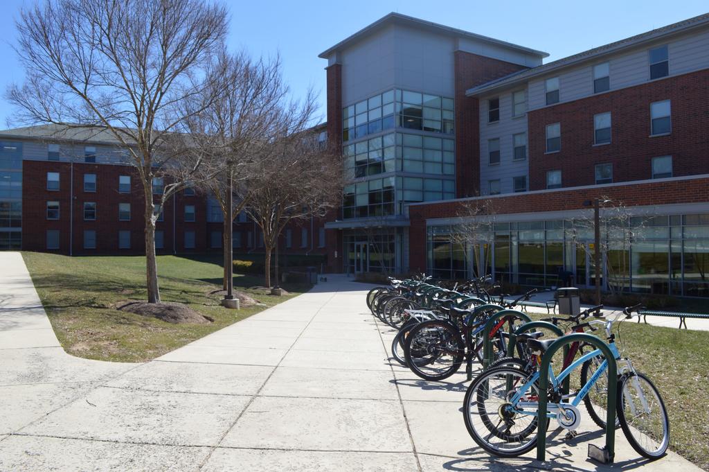 Outside of Taylor Hall with Bike rack filled